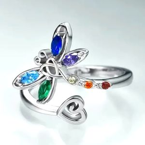 925 Sterling Silver Plated Alloy CZ Colorful Dragonfly With Hearts Ring